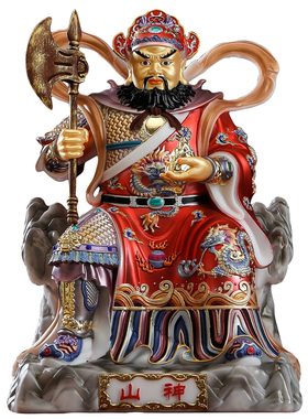 汉白玉彩绘山神爷像坐岩土地摆件