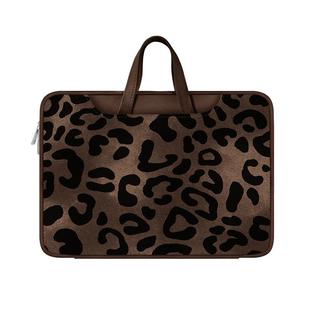 V-SION棕色豹纹笔记本重磅电脑包适用于苹果macbook15点6寸手提包小新air13华为matebook联想女14内胆包