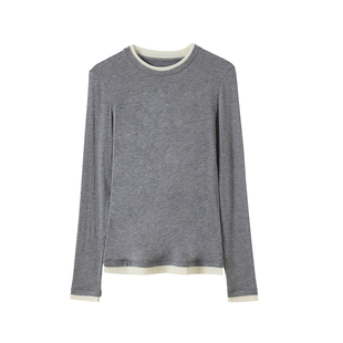 SKYINTL叠穿薄款丝光羊毛拼色长袖打底衫女修身莫代尔假两件T恤女