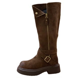 小众设计款绒面长靴2025冬季超火西部靴复古做旧擦色粗跟骑士靴