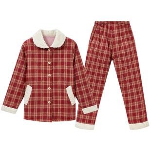 三枪冬季睡衣男女两件套纯棉家居服绒布格子加绒加厚秋冬家居套