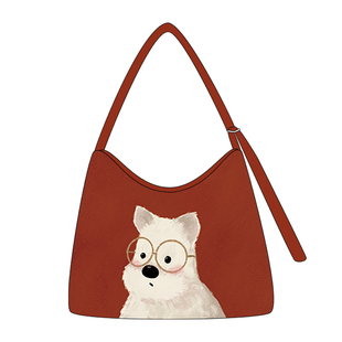 尼睿红色斜挎包新款休闲可爱小狗帆布包小众百搭拉链单肩包包女AS