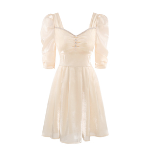 流光缎面法式方领短袖连衣裙夏季高级感收腰显瘦a字裙甜美公主裙