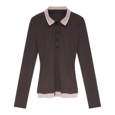 贰羊设计【舒渝】复古气质撞色假两件poloT恤女修身显瘦针织上衣