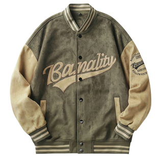 麂皮绒棒球服男士vintage春秋加绒款2025飞行员夹克ins美式外套男