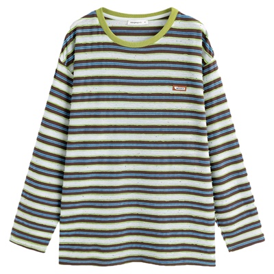 万有引力博物馆 条纹长袖T恤女春季2026年新款宽松中性风圆领上衣