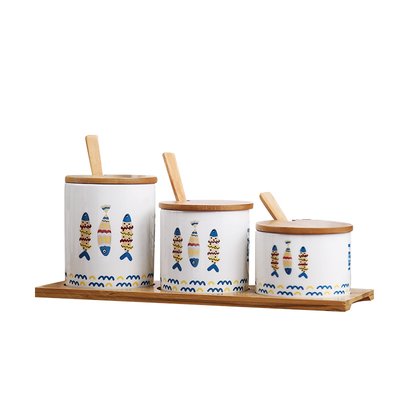 北欧鱼纹餐厅厨房陶瓷调料瓶套装