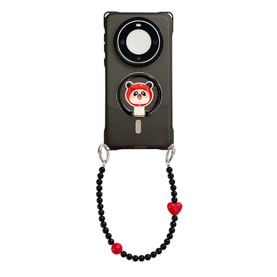卡通苹果熊猫磁吸支架手机壳带挂绳适用于华为mate70pro苹果17PM斜挎背带PURA80四角开孔小米15ULTRA硬壳女