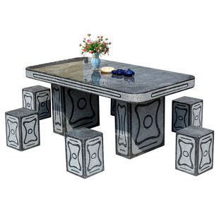 石桌石凳庭院花园复古黑色石头桌子一套天然石材长形室外桌椅包邮