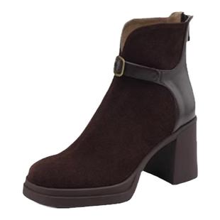 巨舒服真皮厚底粗跟拼接短筒时装靴女秋冬新款后拉链磨砂高跟短靴