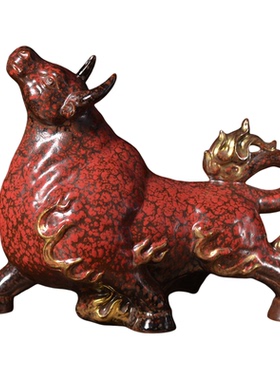红色陶瓷牛摆件客厅如虹运势礼品