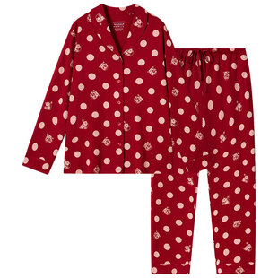 SCHIESSER舒雅女士纯棉熊猫圆点青果领开衫宽松睡衣家居服套装