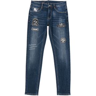 [小脚]DA447唠叨牛仔秋季男士时尚贴标蓝色小脚弹修身牛仔裤潮牌