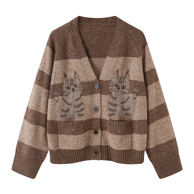 DIDDIMODA 对称小猫条纹宽松慵懒风长袖针织开衫外套25年秋季新款