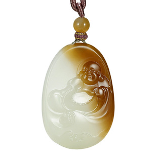 玉友和田玉佛公吊坠女款玉坠糖白羊脂玉福在眼前弥勒笑佛玉石挂件