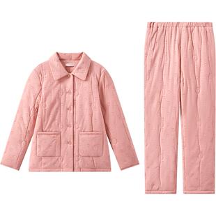 曼妮芬冬全棉加厚家居服翻领长袖长裤绗棉套装睡衣女款20320664