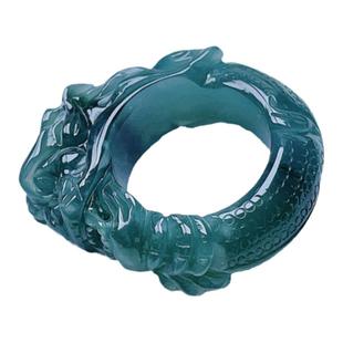 A货翡翠海蓝绿飘花生肖龙戒指19MM天然老坑生意兴隆玉指环宽厚
