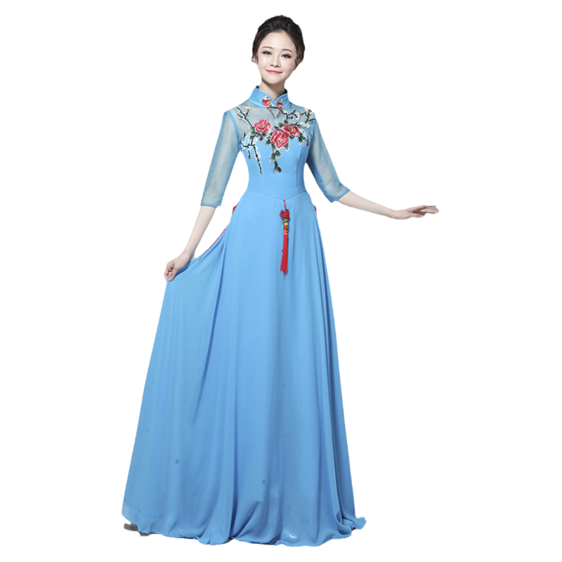 汐沚新款顯瘦年會主持人禮服女中老年紅歌大合唱團演出服長款裙春