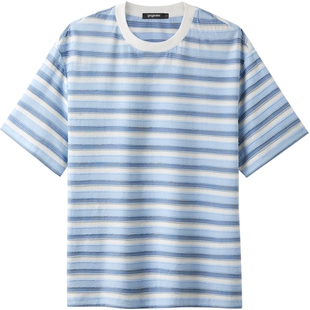 gxgjeans男装 情侣条纹肌理拼接多色休闲圆领短袖t恤上衣26夏新品