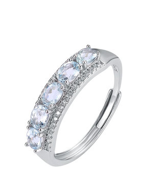 天然海蓝宝排戒s925银镀金镶嵌宝石 小众气质女神开口调节戒指女