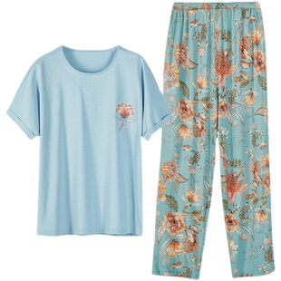 雅婷雅雯睡衣女夏季圆领套头短袖长裤纯棉套装家居服送妈妈母亲节