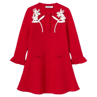 self-portrait 2026早春新款童装正红色花朵装饰长袖针织连衣裙
