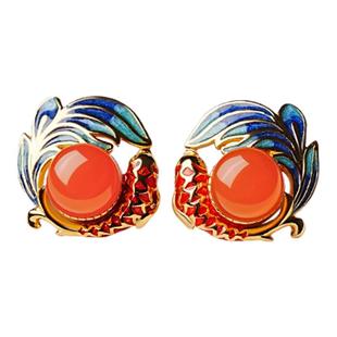 宫里上新南红耳钉女纯银红色耳饰冬季耳环中式珐琅生日本命年礼物