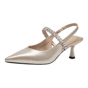 戈美其包头后空凉鞋2025夏新款一字扣带淡金色尖头细跟高跟单鞋女