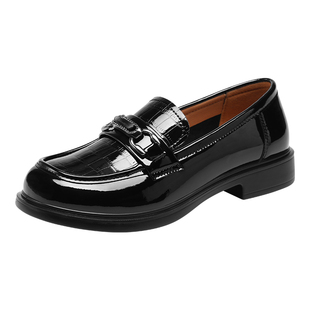 红蜻蜓女鞋亮面一脚蹬厚底乐福鞋女款新款皮鞋真皮单鞋夏季鞋子黑