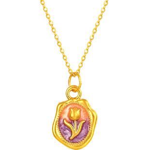 梦金园郁金香花牌黄金吊坠梦幻油画珐琅足金挂坠少女心生日礼物