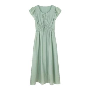 solighter 法式天丝亚麻绿色小飞袖连衣裙女夏季2025新款收腰长裙