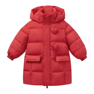 [三防石墨烯抑菌]女童羽绒服宝宝红色中长款衣服小童儿童冬装外套