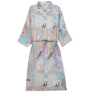 谜底衬衫裙分袖女2025夏新品复古风度假印花宽松连衣裙252ML0631