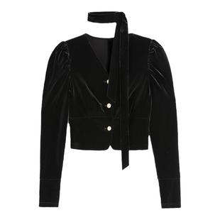 MULVAN 法式复古V领丝绒衬衫女秋冬轻奢高级感衬衣收腰显瘦上衣