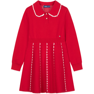 水孩儿女童针织连衣裙中长款秋冬装新品儿童娃娃领毛衣裙子