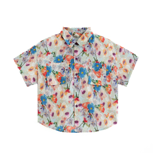 砚台家男童纯棉短袖衬衫夏季童装洋气儿童森系花衬衣宝宝薄款上衣