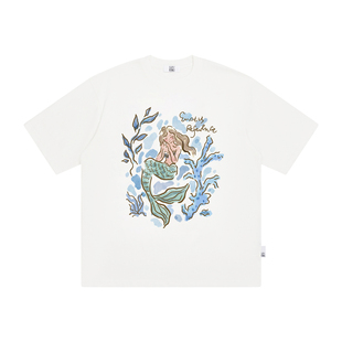EMPTY REFERENCE白色雪花肌理手绘人鱼珊瑚印花打底衫休闲短袖T恤