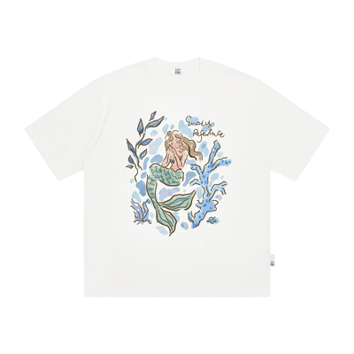 EMPTY REFERENCE白色雪花肌理手绘人鱼珊瑚印花打底衫休闲短袖T恤