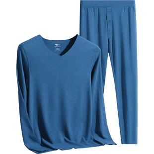 七匹狼V领保暖内衣男士德绒发热鸡心领蓝色男生秋衣秋裤送人礼盒