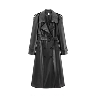 杨超越同款黑色风衣外套女秋冬季新款气质PU皮大翻领长款皮衣大衣