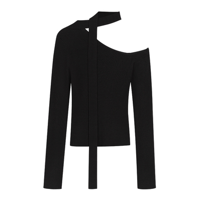 NEVA HU 都市岛屿 斜肩针织衫女设计感飘带气质修身长袖单肩上衣