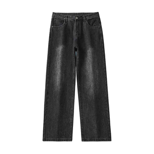 花花公子美式牛仔裤男士宽松直筒秋冬季厚款黑色休闲阔腿加绒长裤