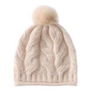 秋冬新款100%纯山羊绒帽子男女纯色针织扭花毛球百搭护耳毛线帽