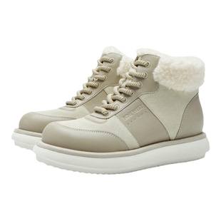 Nine West/玖熙厚底加绒高帮雪地板鞋女羊羔毛领拼皮防滑保暖棉靴