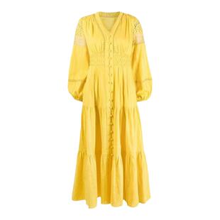 玫瑰黄亦玫刘亦菲同款长袖v领黄色连衣裙女春度假风收腰气质长裙