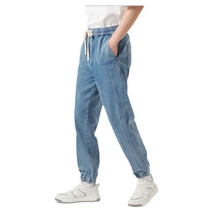 热风2025年春季新款男士时尚简约收口牛仔裤宽松舒适系带牛仔长裤