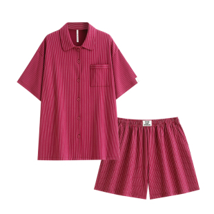 悦内睡衣女款夏季夏天纯棉短袖短裤家居服条纹可外穿火龙果树莓色