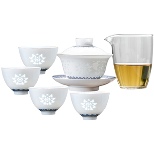 景德镇官方陶瓷青花玲珑茶具套装中式家用高档品茗中式盖碗茶杯