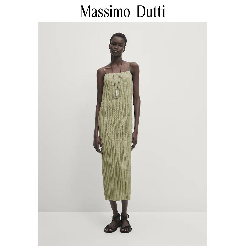 春夏新品 MassimoDutti2024女装肌理美学绿色修身细褶沙滩裙细吊