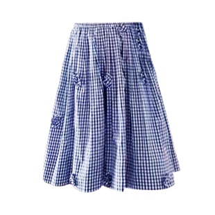 【iszizii~】立体花朵 miu系蓝白格子中裙女秋遮胯a字半身短裙